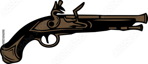 Black and White Vintage Flintlock Pistol Silhouette Illustration