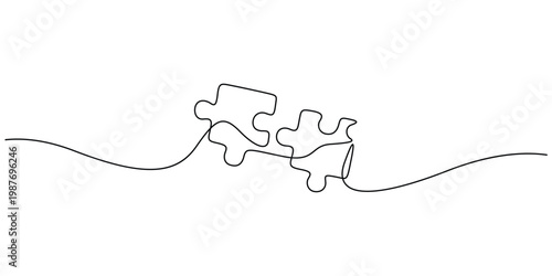 Continuous one line drawing of two puzzle pieces minimalist teamwork and problem solving concept vector illustration