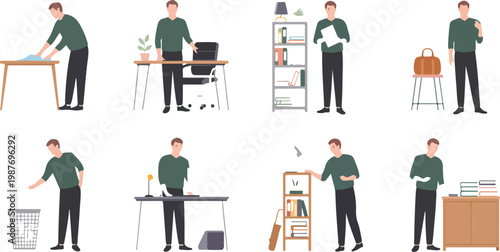Collection of flat vector illustrations showing young man performing office cleaning and organization tasks like tidying desks and sorting files