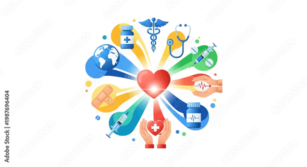 Fototapeta premium World Health Day illustration featuring diverse medical icons radiating from a central heart, presented as a colorful vector graphic, conveying unity and recovery against a clean white