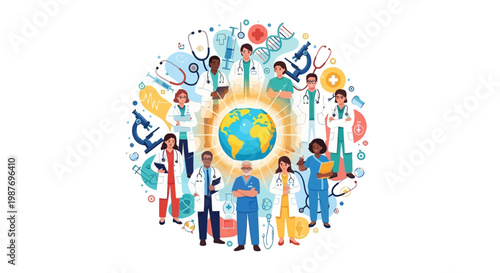 Vector illustration showing diverse healthcare workers standing together around a globe for World Health Day, symbolizing unity and recovery, with a supportive community design