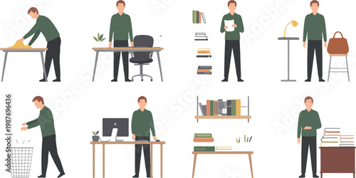 Collection of flat vector illustrations showing young man performing office cleaning and organization tasks like tidying desks and sorting files