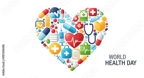 Colorful World Health Day illustration featuring various medical icons and a heart shape against a clean white background, conveying a message of unity and recovery in a bright and inviting