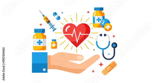 A helping hand is depicted with a vibrant red heart and medical icons in a colorful vector art style promoting World Health Day, conveying a message of unity and recovery against a clean