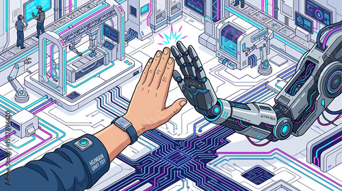 Human Hand and Robotic Arm Connecting in Futuristic Technological Landscape Symbolizing AI Integration and Collaborative Advancement in Industry 4.0
