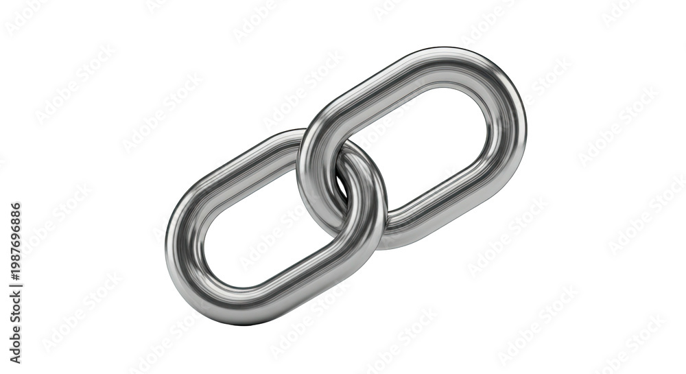 Fototapeta premium Two interlocking metal chain links against a plain white background