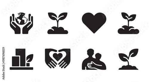 Sustainability and environmental care icons set with plant growth and earth protection sign.
