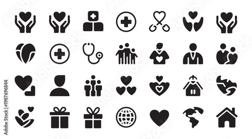 Medical healthcare and charity service icons featuring medical cross and global aid symbols.
