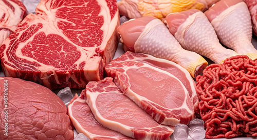 Assortment of raw meat cuts including beef pork and poultry on transparent background