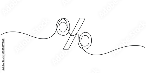 Continuous one line drawing of percent symbol minimalist discount and interest rate concept vector illustration One line art of percentage sign, minimalist icon for shopping discount or special offer