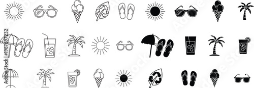 Collection of summer icons including sun sunglasses ice cream drinks and palm trees