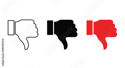 A compelling vector graphic illustration showcasing a collection of three distinct thumbs down icons, symbolizing disapproval, dislike, or negative feedback for various digital design projects.