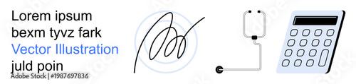 Business documentation, finance, healthcare systems, legal verification, electronic security, data processing. A digital signature icon, infusion device and calculator. Documentation and finance