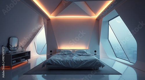 A sleek, minimalist bedroom in futuristic architecture design exudes a sense of simplicity and innovation. created by generative ai