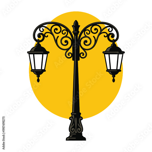 Black ornate street lamp post with two lights