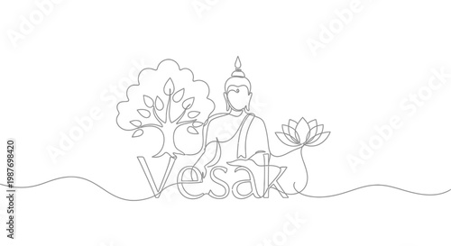 Vesak Day Buddha Tree Lotus Flower Continuous Line Art Drawing, Buddhism Celebration