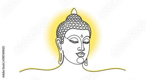 Minimalist Buddha Head Line Art with Yellow Aura - Serene Meditation and Enlightenment