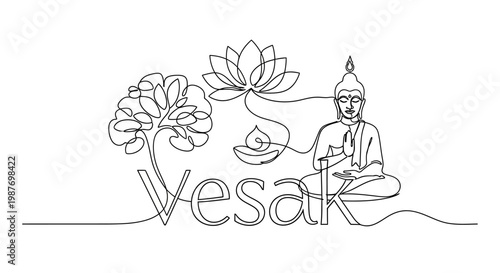 Vesak Day Celebration: Buddha, Lotus, Tree, and Candle Line Art