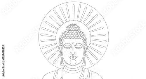 Outline drawing of Buddha head with halo, spiritual, calm, meditation, Buddhism symbol