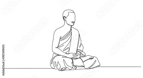 Monk Meditating in Lotus Pose, Single Line Drawing, Zen Buddhism, Spirituality, Calmness