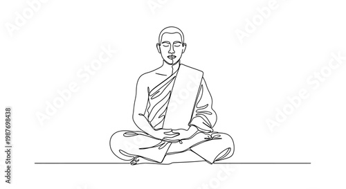 Monk meditating in lotus pose, line art, spiritual practice, calm, serene, zen
