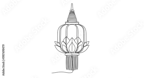 Traditional Thai Lantern Line Art: Lotus Flower Design, Elegant Asian Decoration