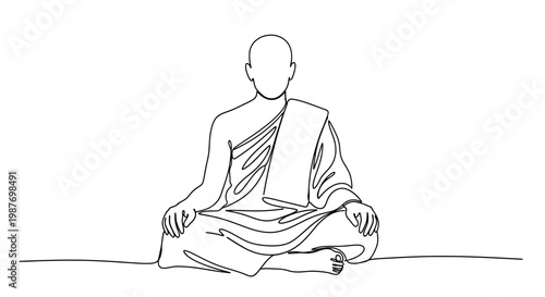 Monk Meditation Line Art: Serene Buddhist Figure in Lotus Pose, Minimalist Zen Drawing