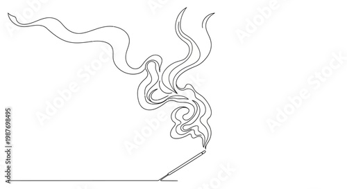 Minimalist Incense Stick Burning with Wispy Smoke Trails on White Background