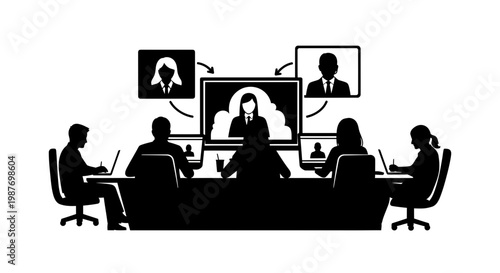 Business Team Video Conference Silhouette Vector Illustration