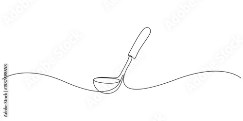Continuous One Line Drawing of Kitchen Ladle Silhouette for Cooking and Culinary Concept, Modern Minimalist One Line Style Serving Spoon Silhouette for Kitchenware Branding
