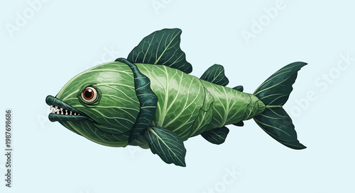Surreal Illustration of a Fish Made from Green Cabbage Leaves