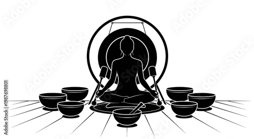 Meditation Silhouette with Tibetan Singing Bowls and Gong Illustration