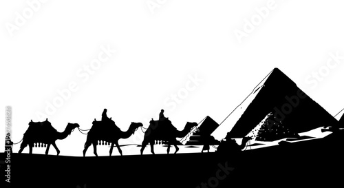 Camel caravan silhouette traveling past the Pyramids of Giza