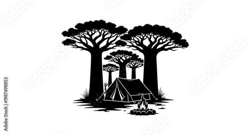 Camping Under Baobab Trees Silhouette Vector Illustration
