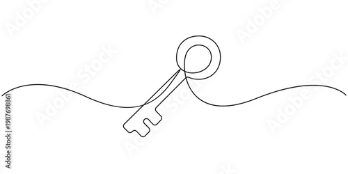Continuous One Line Drawing of House Key Silhouette for Security and Success Concept, Minimalist Single Line Art of Antique Key for Real Estate and Home Ownership, Abstract One Line Illustration
