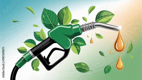 Eco friendly fuel nozzle, green leaves, biofuel pump, sustainable energy