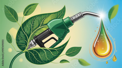 Eco friendly fuel, green energy, biofuel, sustainable power, leafy gasoline pump