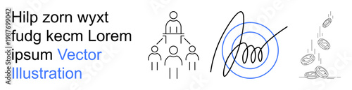 Business management, digital technology, finance, e-commerce, documentation, transaction security. Hierarchical team structure, digital signature falling coins. Business management and digital