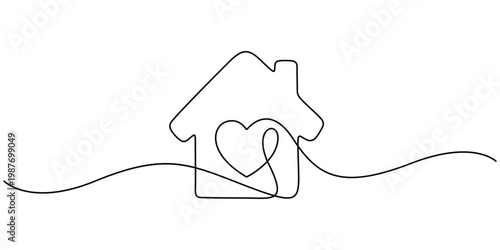 Continuous one line drawing of house with heart shape minimalist home sweet home concept vector illustration Continuous line illustration of home silhouette and heart, real estate logo or charity icon