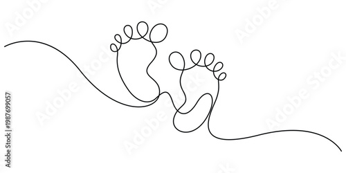 Continuous one line drawing of baby footprints Minimalist single line vector illustration of infant feet for parenthood newborn arrival and family concept