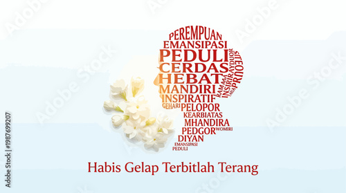 Indonesian women's empowerment concept with a word cloud in a head shape and a bright light, featuring the quote 'Habis Gelap Terbitlah Terang'.