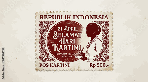 Vintage Indonesian postage stamp celebrating Kartini Day with a silhouette of R.A. Kartini writing, featuring intricate borders and text 'REPUBLIK INDONESIA' and 'Rp 500,-'.