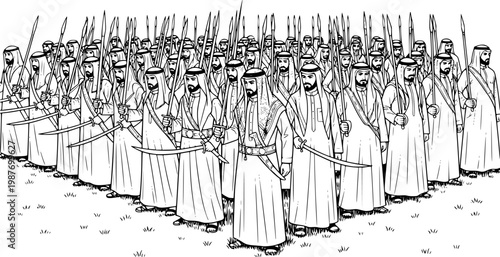 A large group of Arab men in traditional clothing, holding swords and spears, standing in formation on grass.
