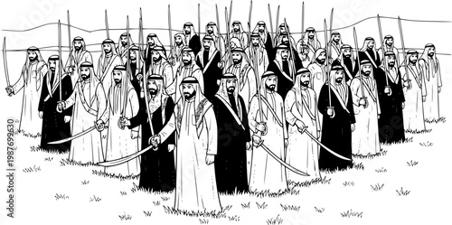 A large group of Arab men in traditional clothing, holding swords and spears, standing in formation on grass.
