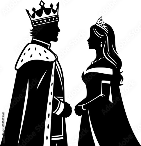 Silhouette of a king and queen standing before a cheering crowd, symbolizing royalty and public adoration.
