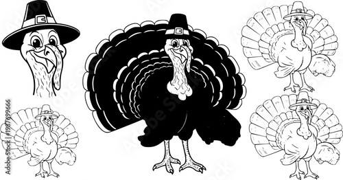 turkey illustrations wearing pilgrim hats, in varying shades of black and white.