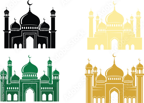 Colorful Islamic mosque silhouettes set featuring black gold green designs with domes minarets vector illustration for Ramadan Eid Mubarak celebration