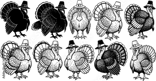 turkey illustrations wearing pilgrim hats, in varying shades of black and white.