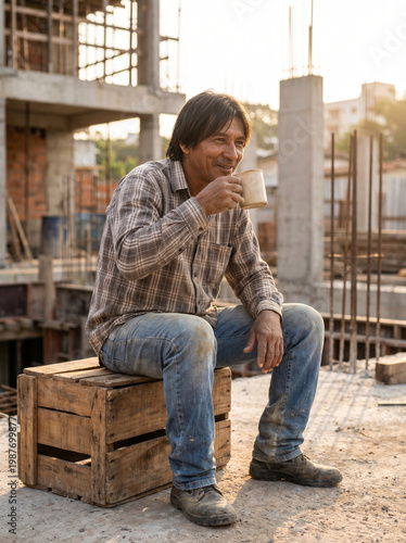 Construction Worker Enjoying Coffee Break on Crate