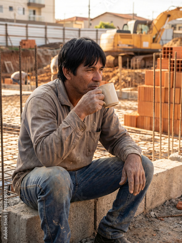 Construction Worker Enjoying a Beverage Break on Site